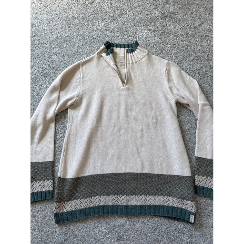 Old Ranch Brands Women Cream Green Fair Isle Organic Cotton‎ Quarter Zip Sweater